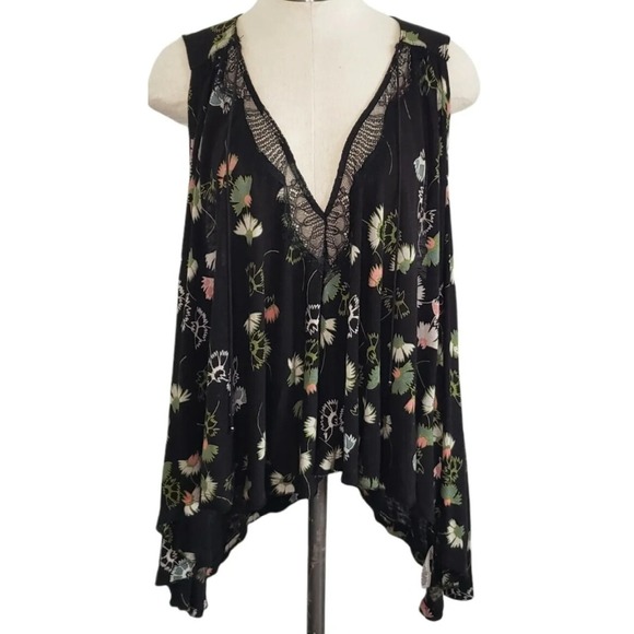 Free People Tops - Free People Swing Tank XS Love Potion Black Floral Oversize Soft Girl Cottag i02
